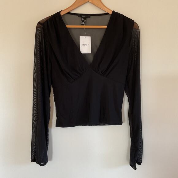 Forever 21 Sheer Mesh Babydoll Top L Black Goth Y2K Fairy Grunge Witchy Festival - Picture 1 of 10